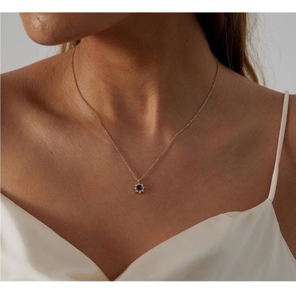 GOLD 14k Gold Plated Blue Cubic Zirconia Flower Pendant Necklace - Picture 2 of 3